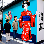 Street Art in Shibuya**

"A vibrant street scene in Shibuya, Tokyo, featuring a large mural with a robotic geisha, fully clothed, appropriate attire. The mural blends traditional Japanese art with futuristic elements, manga style. The street is bustling with pedestrians in modest clothing. Perfect anatomy, correct proportions, natural pose, safe for work, appropriate content, professional, high quality, daytime, well-formed hands, proper finger count, natural body proportions."

**