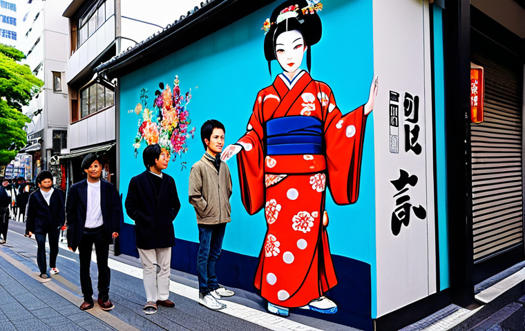 Street Art in Shibuya**
"A vibrant street scene in Shibuya, Tokyo, featuring a large mural with a robotic geisha, fully clothed, appropriate attire. The mural blends traditional Japanese art with futuristic elements, manga style. The street is bustling with pedestrians in modest clothing. Perfect anatomy, correct proportions, natural pose, safe for work, appropriate content, professional, high quality, daytime, well-formed hands, proper finger count, natural body proportions."
**