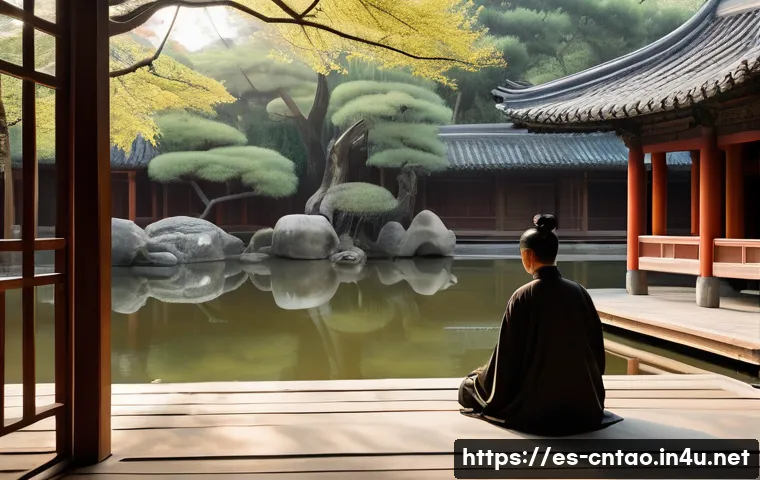 유교 건축 양식 - A serene traditional East Asian Confucian garden, bathed in soft morning light. The scene features a...