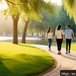 도교의 주요 사상 - A serene urban park scene at sunset, featuring a diverse group of adults practicing mindful walking ...