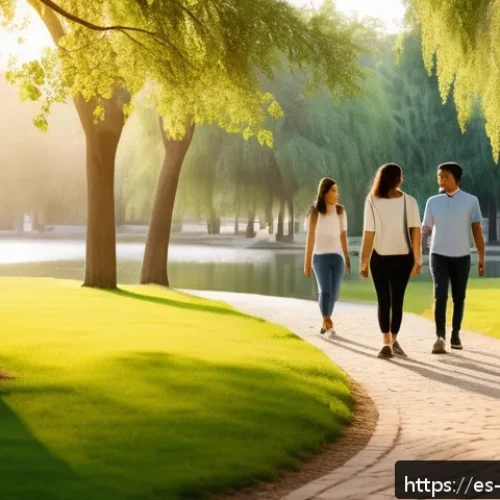 도교의 주요 사상 - A serene urban park scene at sunset, featuring a diverse group of adults practicing mindful walking ...