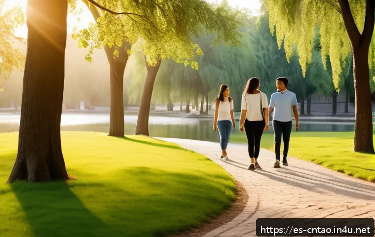 도교의 주요 사상 - A serene urban park scene at sunset, featuring a diverse group of adults practicing mindful walking ...