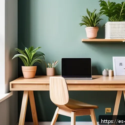 노자 철학의 응용 - A modern, sunlit office workspace in a vibrant Spanish city, featuring a neatly organized desk with ...