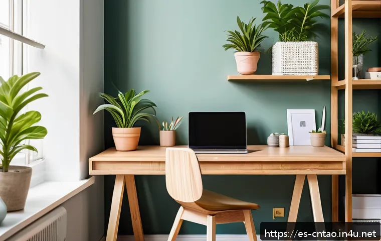 노자 철학의 응용 - A modern, sunlit office workspace in a vibrant Spanish city, featuring a neatly organized desk with ...