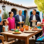 유교와 의례 - A warm, multigenerational family gathering in a traditional Spanish courtyard during a festive celeb...