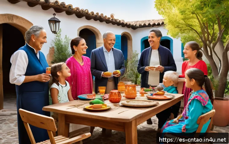 유교와 의례 - A warm, multigenerational family gathering in a traditional Spanish courtyard during a festive celeb...