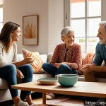 유교의 사상 - A warm and inviting modern family living room scene in Spain, showing a diverse multigenerational fa...