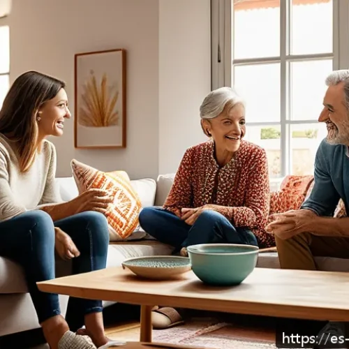유교의 사상 - A warm and inviting modern family living room scene in Spain, showing a diverse multigenerational fa...