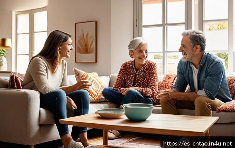 유교의 사상 - A warm and inviting modern family living room scene in Spain, showing a diverse multigenerational fa...