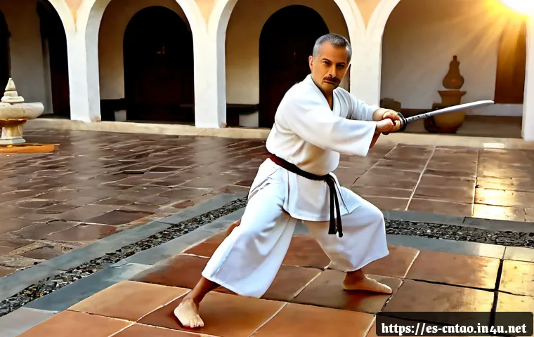Home 17 도교의 무술 - Photorealistic Daoist martial arts practice at sunrise in a quiet Spanish colonial courtyard, a Hisp...