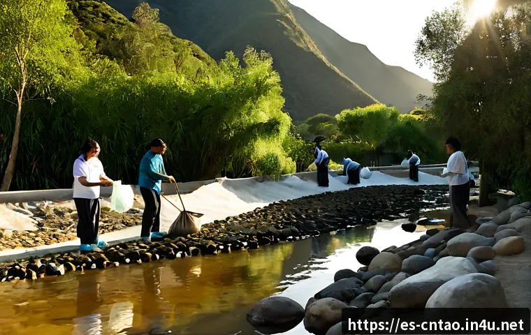 도교와 환경 운동 - Photorealistic environmental volunteers of diverse Hispanic backgrounds restoring a riverbank beside...